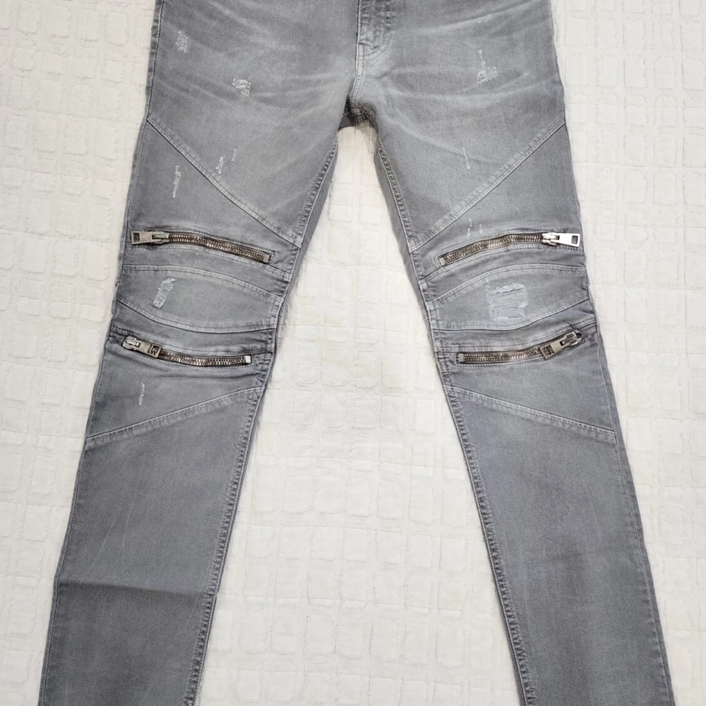 Just Cavalli DistressedLight Gray Skinny Biker Jeans w Zipper & Leather Details